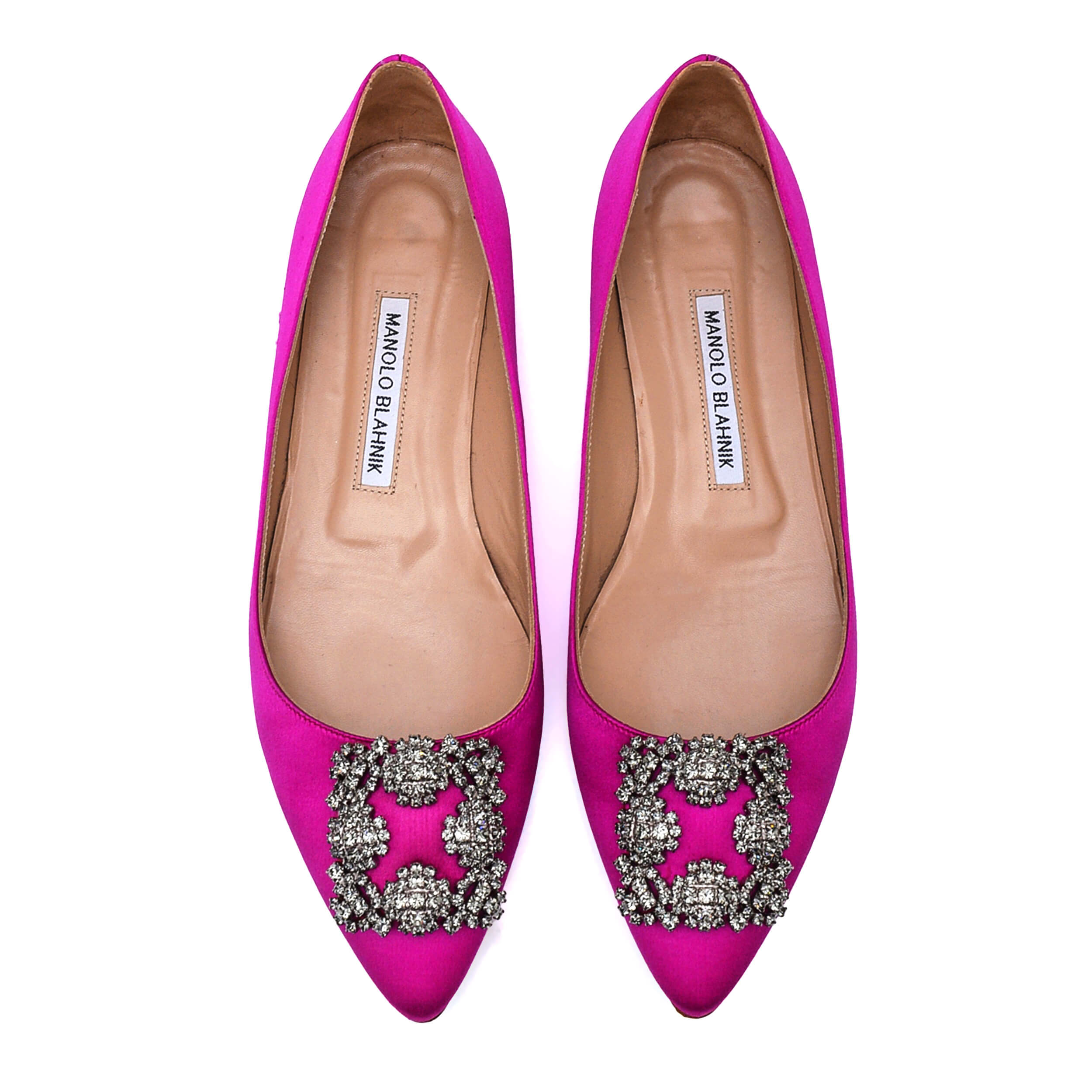 Manolo Blahnik -  Fuchsia Satin Jewel Buckle Hangisi Flat Pumps / 38,5